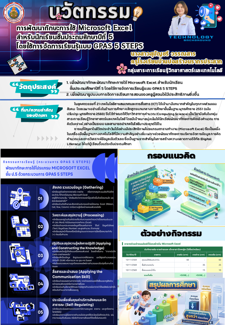การพัฒนาทักษะการใช้ Microsoft excel สำหรับนักเรียนชั้นประถมศึกษาปีที่ 5 โดยใช้การจัดการเรียนรู้แบบ GPAS 5 steps