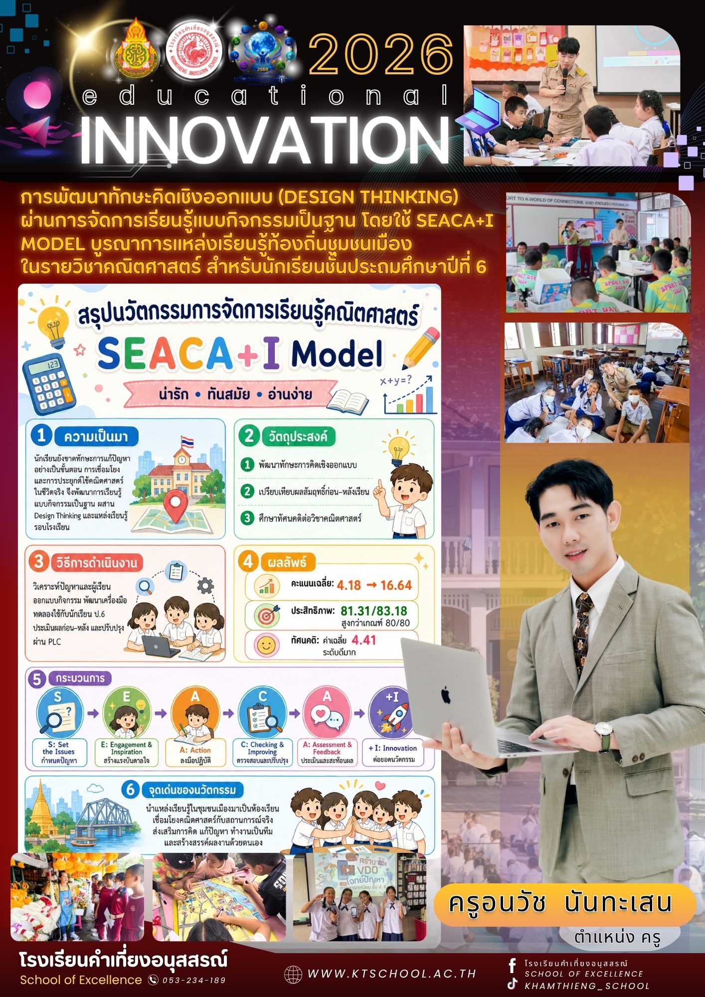 การพัฒนาทักษะคิดเชิงออกแบบ (Design Thinking) ผ่านการจัดการเรียนรู้แบบกิจกรรมเป็นฐาน โดยใช้ SEACA+I Model บูรณาการแหล่งเรียนรู้ท้องถิ่นชุมชนเมือง ในรายวิชาคณิตศาสตร์ สำหรับนักเรียนชั้นประถมศึกษาปีที่ 6