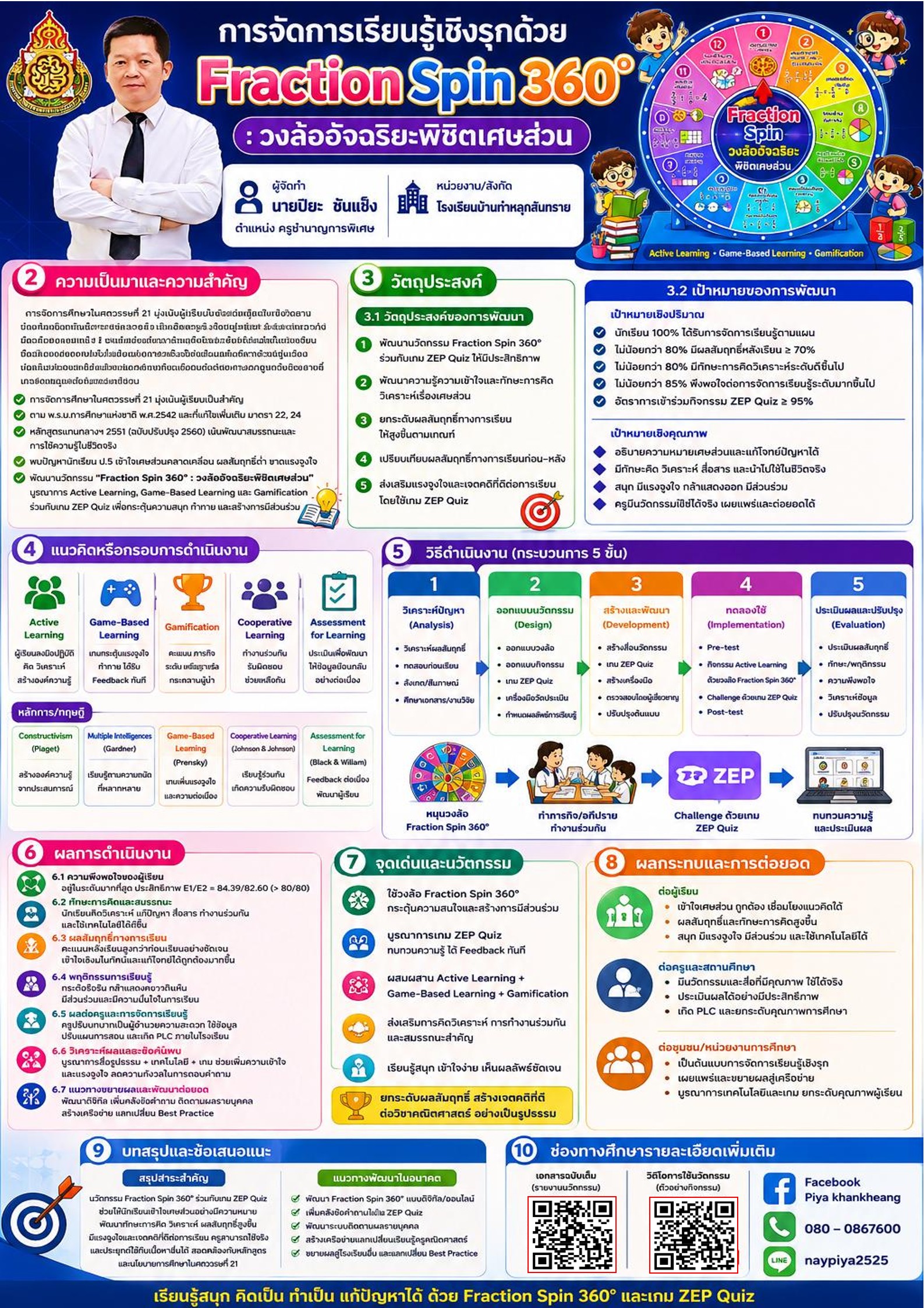 การจัดการเรียนรู้เชิงรุก (Active Learning) ด้วย Fraction Spin 360° : วงล้ออัจฉริยะพิชิตเศษส่วน เพื่อพัฒนาทักษะการคิดและผลสัมฤทธิ์ทางการเรียนเรื่องเศษส่วน สำหรับนักเรียนชั้นประถมศึกษาปีที่ 5
